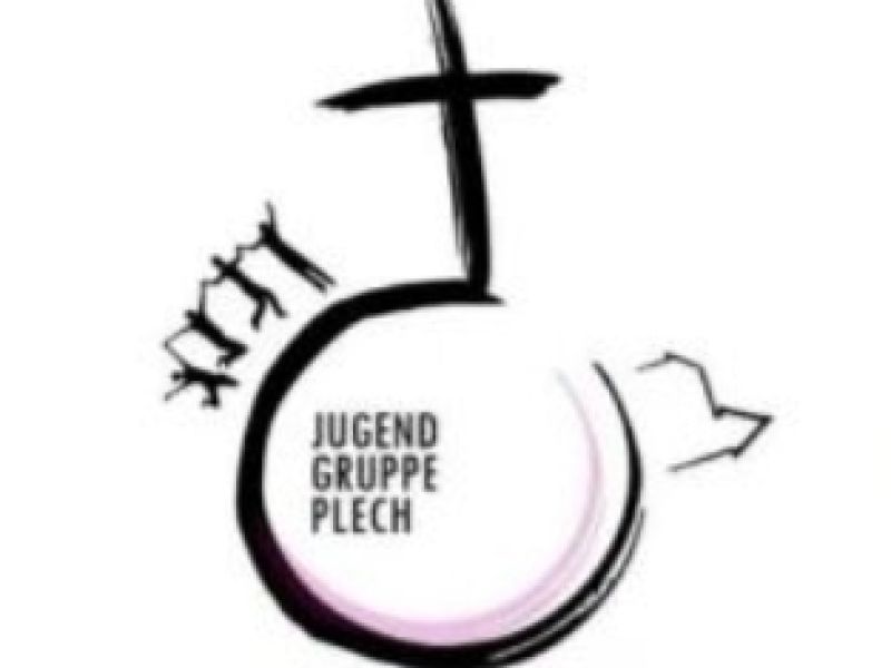Gezeichnetes Logo der Jugendgruppe Plech: Kreis, auf dem ein Kreuz steht. Seitlich links halten sich 4 fröhliche Figuren in den Händen und seitlich links ist eine Kirche gezeichnet.